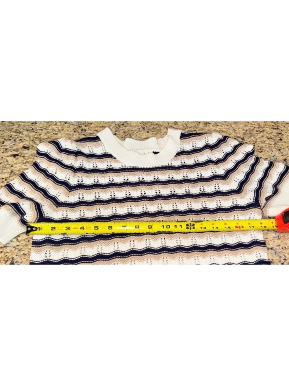 Marled Women Knit Short Sleeve Sweater M Beige Navy White Stripe Nautical Preppy - Picture 7 of 12